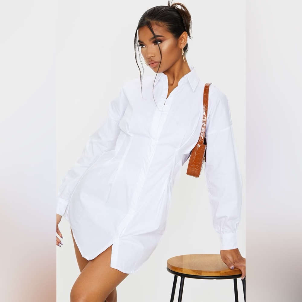 PRETTY LITTLE THING White Long Sleeve Fitted Waist Shirt Dress